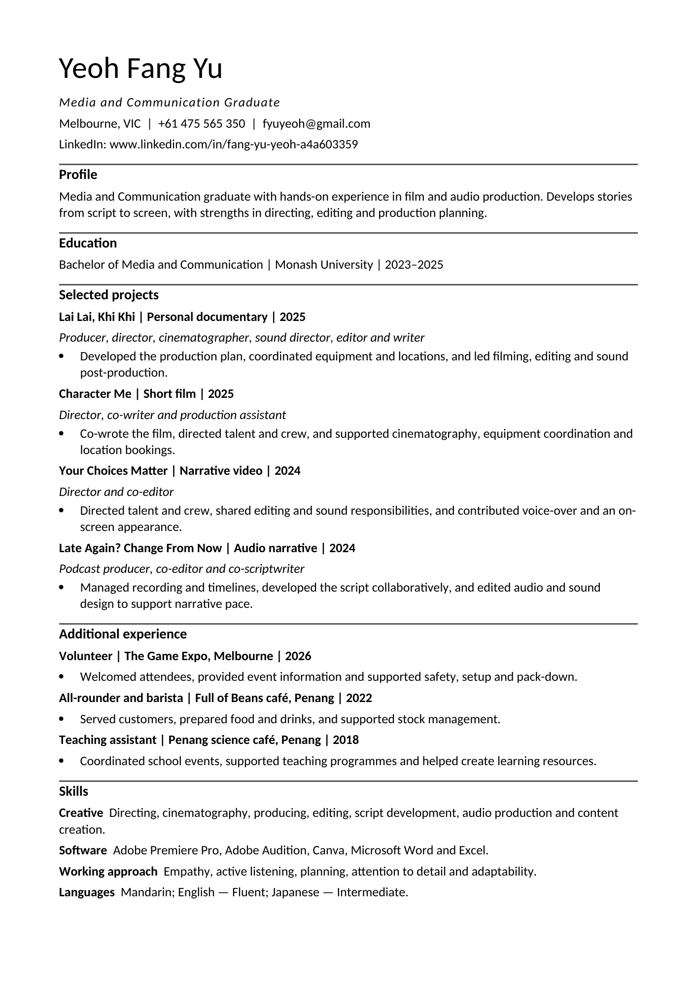 Yeoh Fang Yu one-page CV with profile, education, selected projects, experience, skills and languages